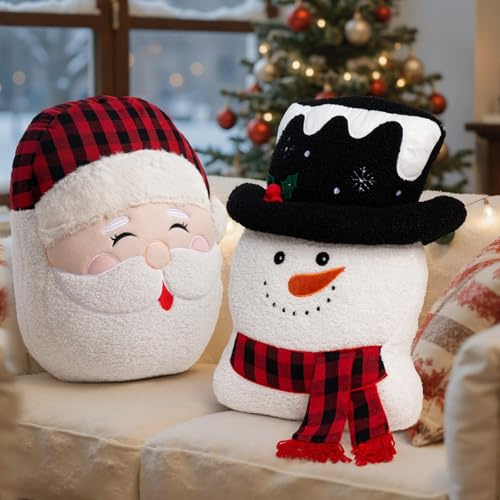 Lanpn 2 Stück Weihnachts Kissen, Schneemannkissen Weihnachtsmann Kissen dekoratives Weihnachtskissen Dekokissen Flauschiges Zierkissen für Geschenk Party Bett Sofa Couch Weihnachten Deko
