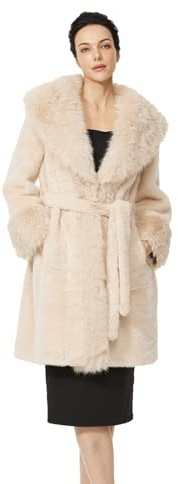 BEAUTELICATE Abrigo de piel sintética para mujer, largo y cálido, abrigo de invierno con cuello vuelto, chaqueta de piel sintética con cinturón, chaqueta de invierno con bolsillos, color liso, beige