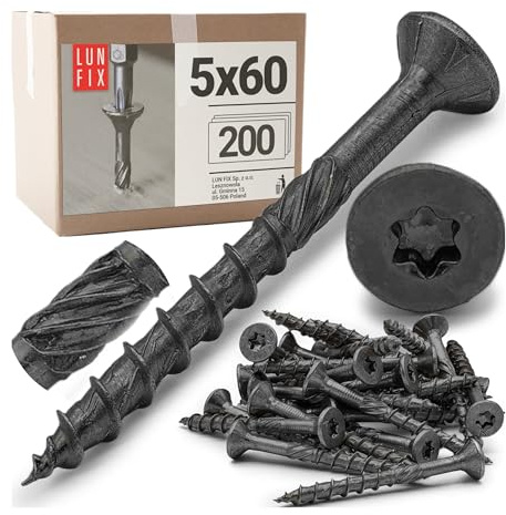 Selbstschneidende Schrauben Ø 5,0x60 mm 200 Stk. Senkkopf aus Stahl schwarz verzinkt T25 für Holz, Möbelbau, Zaun, Terrassenbau