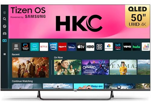 HKC 50 inch 4K QLED Smart TV, Tizen OS UHD Central Stand Design Television with AppleTV+ Netflix Freeview Gaming Hub, MEMC HDR10 Ideal Large Screen for Living Room, Made in the UK
