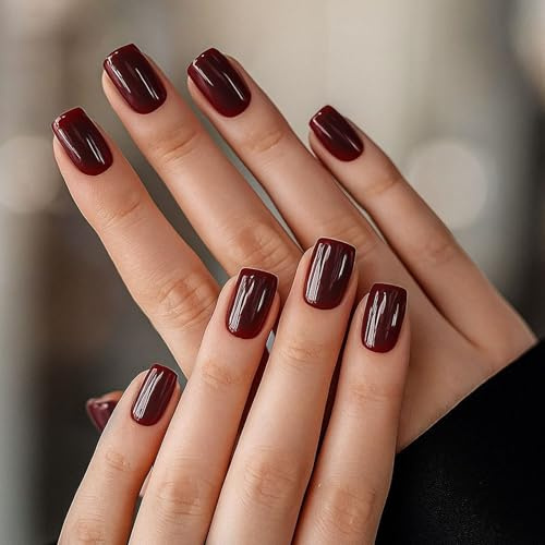 Dark Red Stick On Nails - Short Square False Nails - High Glossy Finish Burgundy Red Fake Nail - Press On Nails With Nail Sticky Tabs For Valentine’s Day, Xmas & New Year