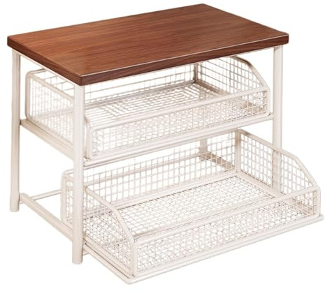 Sharplace Organizador de Cafetera Estante de Barra de Café para Encimera, Soporte para Tazas y Accesorios Cocina de 2 Pisos Madera Hierro Cajón Extraíble Adecuado para Uso Doméstico Oficina, Blanco