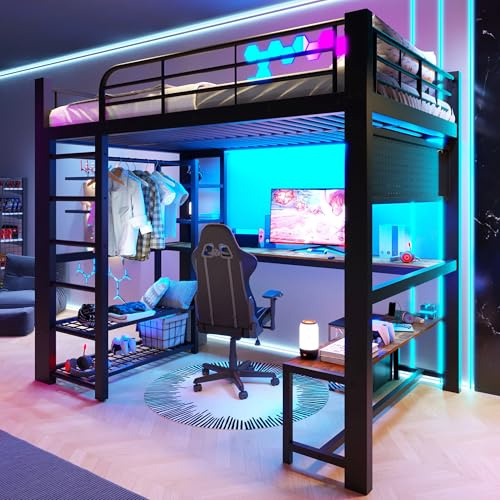 Etagenbett Kinderbett 140x200cm, LED Metall-Hochbett mit Schreibtisch & Kleiderstange & Regale & Lochbrett, Doppelbett Metallbett Stockbett Spielbett Jugendbett mit Rausfallschutz&Lattenrost, Schwarz