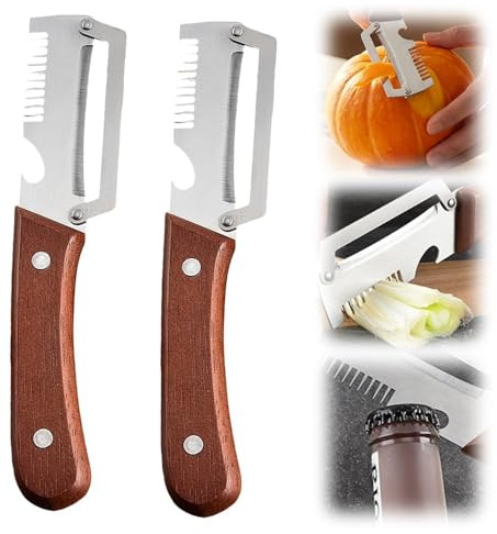 3-in-1 Vegetable Peeler with Wooden Handle – Stainless Steel Multifunctional Peeler, Julienne Cutter & Bottle Opener, Ergonomic Potato Peeler for Carrot, Apple, Kiwi (2 PCS)