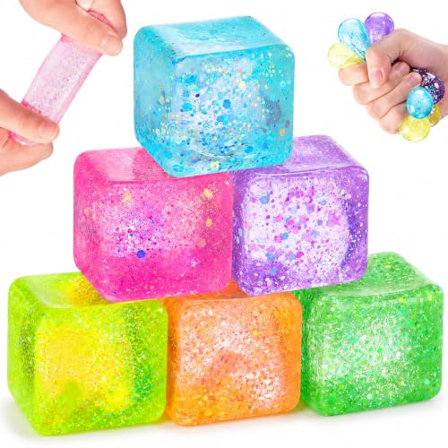 6 Stück Cube Squishy Toys, Glitter Stress Cube Stressballs