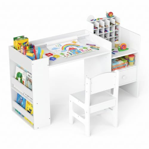 INFANS Kids Table and Chair Set, Wooden Learning Table with Storage Hutch, Drawer, Paper Roll, Round MDF Student Furniture for Writing, Drawing, Ages 3+ (Ivory, 107.5 * 40 * 60 cm)