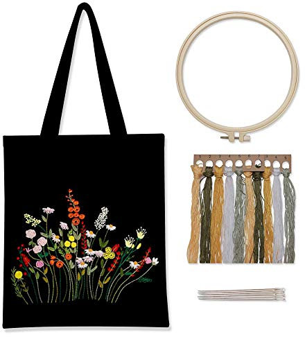Gigicloud Stickpackung aus Segeltuch, Kreuzstich-Set für Erwachsene, Stickerei-Starter-Set mit Sticktasche mit Blumenmuster, Stickrahmen, Farbfäden und Werkzeug