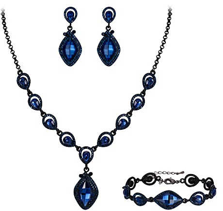 EVER FAITH Parures Bijoux Cristal Goutte d'eau Collier Boucles D'oreilles Pendentif Bracelet Ensemble Bleu Ton Noir