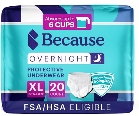 Because Overnight Absorbency Pull Ups - Adult Disposable Incontinence Underwear, Extra Absorbent Nighttime Briefs for Men and Women, White, XLarge, 20 Count