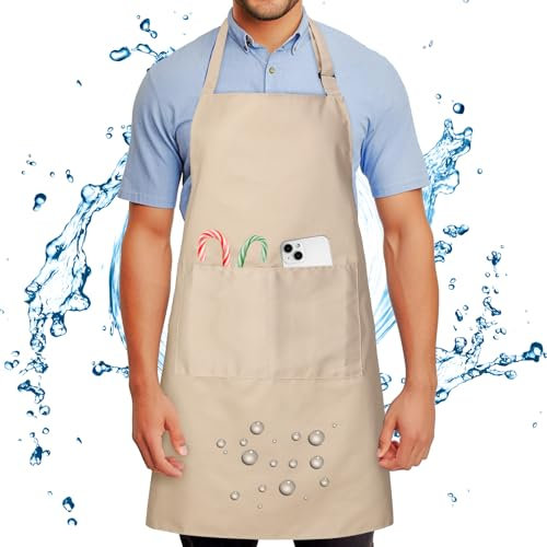 Wasserdicht Schürze mit 2 Tasche Verstellbare Kochschürze für Männer Damen Kein Waschen Verhindert Ölstaubflecken Küchenschürze für Kochen BBQ Hundepflege Gartenarbeit Backen Malerei Khaki