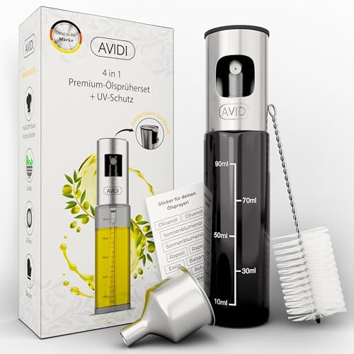 AVIDI® 4in1 Premiumset – Ölsprüher für Speiseöl & Essig mit UV-Schutz & Zubehör - Öl Sprühflasche für Airfryer, Ölsprüher für Heißluftfritteuse, Ölsprüher Glas, schwarz und Edelstahl - 100ml