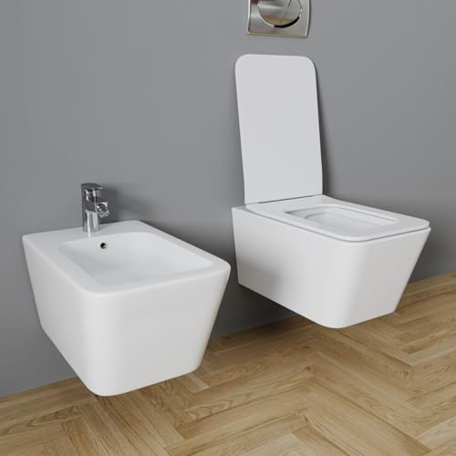 Coppia Sanitari Sospesi Vaso WC E Bidet Sospeso Design Moderno Quadrato In Ceramica Con Copriwater Chiusura Soft Close Chiusura Rallentata Colore Bianco Lucido
