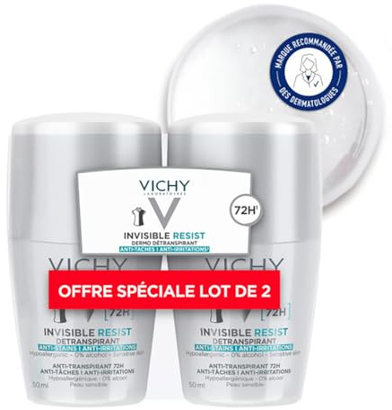 Vichy, Invisible Resist, Deodorant Roll-On, Deodorant mit langer Wirksamkeit, 72 h, gegen gelbe und weiße Flecken, geeignet für empfindliche Haut, 2 x 50 ml