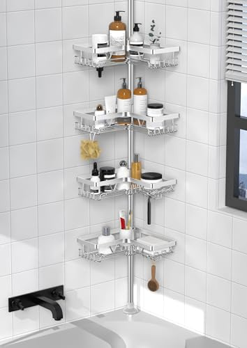 KEGII Estanteria Telescopica Baño - Estanteria Ducha sin Taladro Estante Ducha Acero Inoxidable Estanteria Telescopica Ducha Esquinera Plata