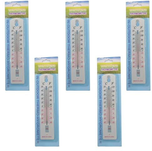Termómetro para exterior (5 unidades, 19,5 cm, indicador de temperatura de -40 a +50 °C, analógico, para jardín, sótano, balcón, para interior y exterior, resistente a la intemperie, para interior y