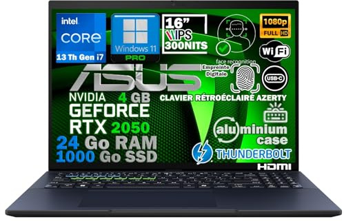 ASUS Ordinateur Portable Intel i7 13ᵉ Gén, RAM 24Go DDR5, SSD 1To, NVIDIA 4Go, Écran 16 FHD IPS, WiFi6E, Thunderbolt, Châssis Aluminium, Fingerprint, Face ID, Clavier AZERTY Rétroéclairé, Win 11 Pro