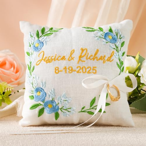 callie Personalized Wedding Ring Pillow - Custom Names & Date, Ring Bearer Pillows Cushion, Wedding Ceremony Engagement Gifts for Bride Groom Couple (5.5/7 inches)