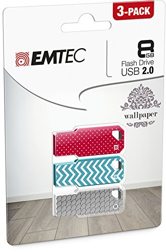 EMTEC, ECMMD8GM752P3WP01, 3 Unidades Flash USB de 8 GB Multicolores, diseño sin Tapa, Velocidad de Lectura de hasta 15 MB/s, práctico Sistema de Enganche - Tamaño: 8 GB, Color: Multicolor