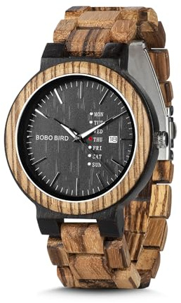 BOBO BIRD Mens Wooden Watch Analog Quartz with Week Display Lightweight Handmade Wood Wrist Watch for Men (Black Dial)
