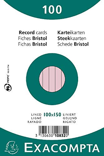 Exacompta Bristol Karteikarten, liniert, 100 x 150 mm, Rosa, 100 Stück