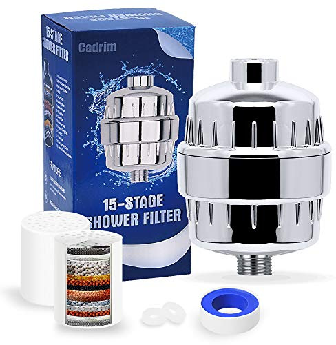 Cadrim Shower Filter, Chrome 15 Stage Universal Replaceable Shower Head Water Purifier with 2 Filter Cartridges and 1 Teflon Tape (Grey)