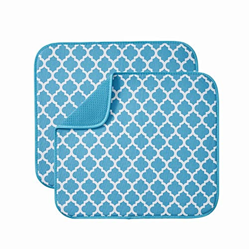 Microfibre Drying Mat for Kitchen Dish Drying Drainer Mat Absorbent Drying Mat Washing Up for Glass, Plate &Cup 40cm x 46 cm 2 Pack Blue Bracket