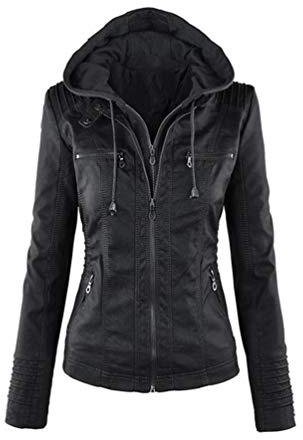 LucaSng Donna Giacche Ecopelle Manica Lunga Motociclista Giubbotto Finta Pelle Vintage Cappotti con Cappuccio Tasca, Donna Giacca Pelle Casual Cappuccio Capispalla (Nero, L)
