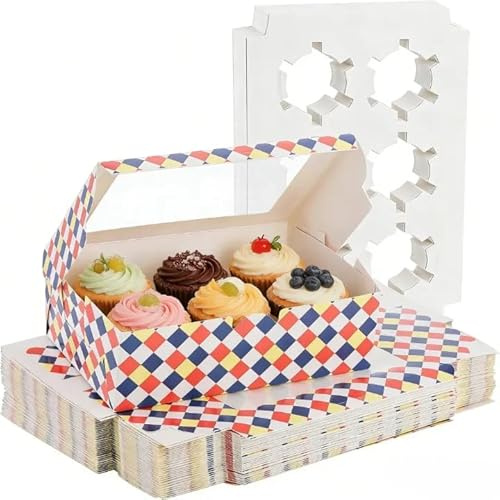 Okllen 50 Pack Cupcake Boxes 6 Counts, Food Grade Cardboard Cupcake Container with Inserts and Window, Take Out Togo Cupcake Holders Bakery Pastry Boxes for Various Pastries, Birthday, Party