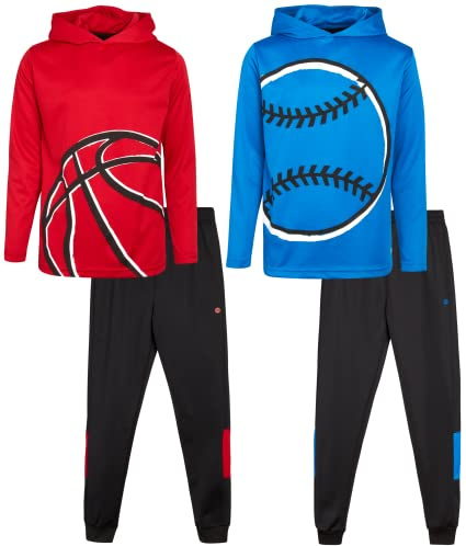RBX Boys Tracksuit Set - 4 Piece Athletic Pullover Waffle Thermal Hoodie and Tricot Jogger Sweatpants for Boys Outfit, Size 8, Blue Baseball/Red Basketball