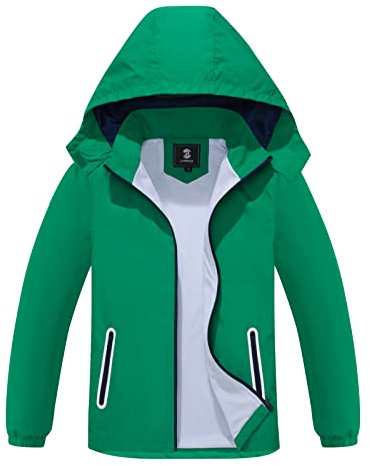 SaphiRose Kids Rain Jacket Waterproof Raincoat Mesh Lined Coat with Removable Hood for Boys Girls (Green,8-9 years)