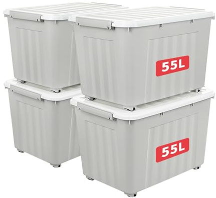 Cetomo 55L*4 Boîtes de Rangement avec Couvercles, Boîte de Rangement en Plastique avec Clips et Roulettes, Empilables, Encastrables, pour Placard de Bureau à Domicile, Gris, 55L, Lot de 4