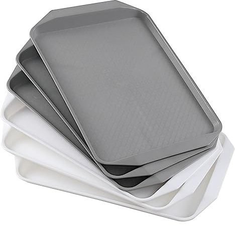 Parlynie Re-usable White and Grey Fast Food Plastic Rectangle Serving Trays Platters, 43cm x 30cm, 6 Pack (Can not Contact Food Directly)