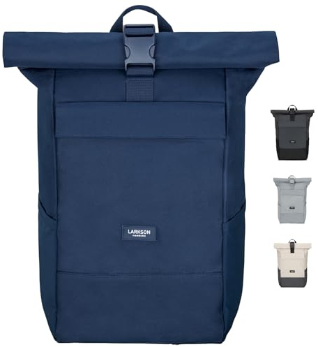 LARKSON Ryggsäck kvinnor och män – No 4 – Rolltop ryggsäck med laptopfack universitet, arbete och cykel – stor reseryggsäck – vattenavvisande, Mörkblå, Einheitsgröße, Ryggsäck Ryggsäckar