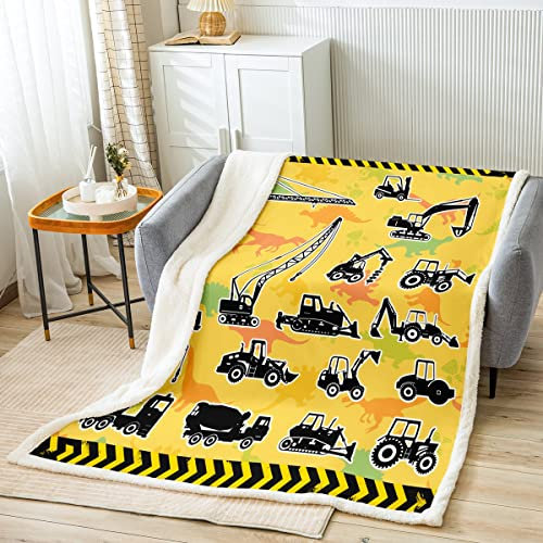 Dino Baugewerbe Auto Decke 150x200cm für Mädchen Jungen Bagger Wohndecke Baugewerbe Fahrzeuge Kuscheldecke Cartoon Auto Gelb Couchdecke Flanell Fleecedecke Sammlung für Sofa