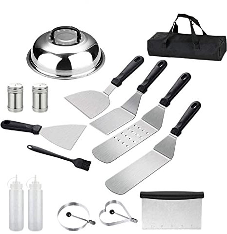 Jiklophg Griddle Accessories 16PC Stainless Steel Grill Griddle for Cast Teppanyaki Hamburger Cooking Carry Bag Chef
