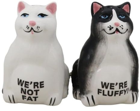 Ebros Gift Feline Salière et poivrière en céramique Motif chats mignons Noir et blanc 8,2 cm H « We're Not Fat We're Fluffy » sur le thème des chats