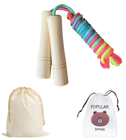 Corda per Saltare con 2 Borse Portaoggetti, Manico in Legno, Regolabile e Colorata per Bambini, Adatta per Sport e Fitness