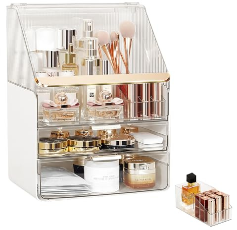 DASITON Make Up Organizer mit Schubladen,Staubdichte Zweilagige Kosmetik Aufbewahrung mit Deckel,Große Kosmetik Schminktisch Organizer,Skincare Organizer Cosmetic Organizer für Schlafzimmer,Bad(Clear)