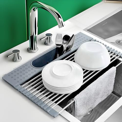 Maxter Klappbares Edelstahl-Abtropfgestell Geschirr 44 x 39 cm (GROßES) Geschirrabtropfgestell und Besteckabtropfer für die Spüle mit aufrollbarem Gitter