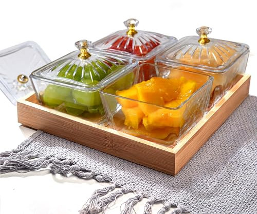 alouweekuky Scodella per Snack con Vassoi in Legno, Set di 4 Ciotole di Vetro da Servizio, Ciotole per Salse con Coperchio, Può Essere Utilizzata per Preparare Stuzzichini, Cariche di Frutta, Noci
