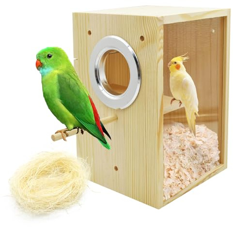 MUYG Vertical Parakeet Nesting Box,Transparent Bird Nesting Box Natural Wood Parakeet House for Cage Clear Acrylic Budgie Breeding Nest for Lovebird,Cockatiel,Parrot,Budgie,Conure,Finch