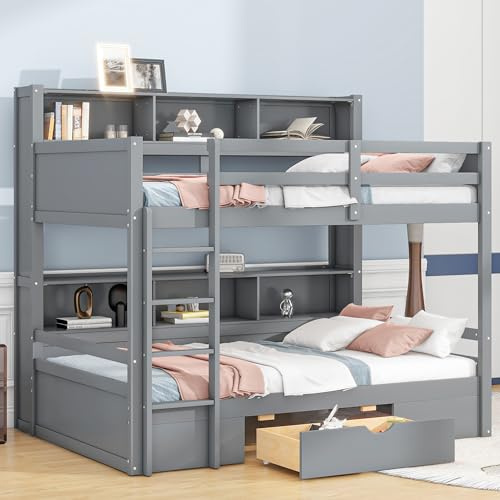 Estructura de cama nido de 90×200 cm Idemon EN747-1 (Gris, MDF de madera maciza, 2 cajones + compartimentos de almacenamiento), Cama nido minimalista para niños y huéspedes con compartimento lateral