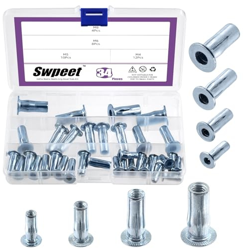 Swpeet - Tuercas de remache métricas (34 unidades, acero al carbono, galvanizado blanco, multiagarre, con varilla abombada de cabeza plana roscada y fijaciones de construcción, 4 tamaños, M4, M5, M6
