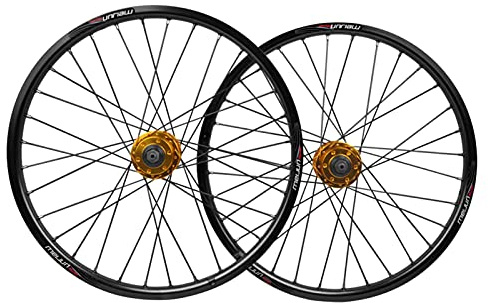 20-Zoll-Fahrrad-Radsatz, BMX-Fahrrad-Radsatz, Schnellspanner, Scheibenbremse, 32H-Aluminiumfelge, 7-10-Gang-Kassettennabe (Farbe: Schwarz, Nabenfarbe: Gold)