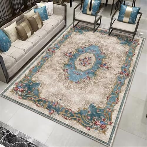 RUGMRZ Großer Teppich 300x400CM Carpet Bedroom Antirutschunterlage blau Grauer Retro-Blumenmuster pflegeleichter Wohnzimmerteppich