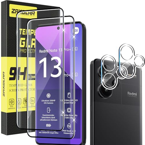 ZAXGLAR Protector Pantalla para Xiaomi Redmi Note 13 Pro Plus/13 Pro+ 5G Cristal templado,2 x Protectores de Pantalla + 2 x Protectores de Lente de Cámara,Sin burbujas y duradero