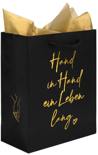 MEJOSER Geschenktüten Hochzeit Geschenktasche Schwarz Goldfolie mit Henkel Geschenke für Goldene Hochzeit Freundin Tüte Hand in Hand ein Leben Lang Hochzeitsgeschenk für Brautpaar Jahrestag