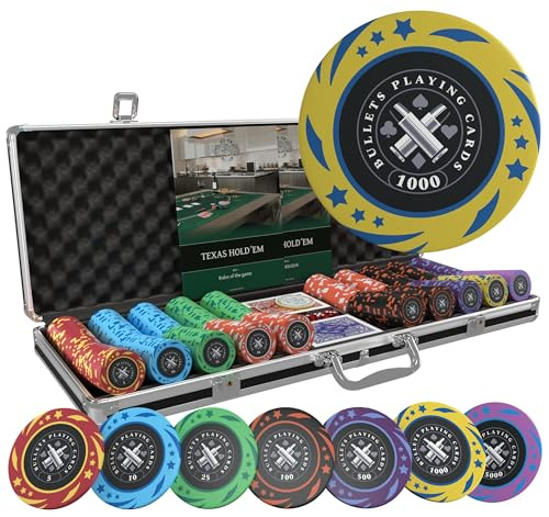 Bullets Playing Cards, Pokerset Janice, Pokerkoffer mit 500 Kunststoff Pokerchips mit Werten, inkl. Keramik Dealerbutton und Pokerkarten