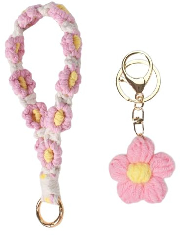 Handgjord makramé nyckelring med blomma nyckelring, tusenskönor boho makramé mobiltelefonsnodd, handsfree komfort handledsrem snodd, härlig present till kvinnor och flickor, för telefon och dekor och