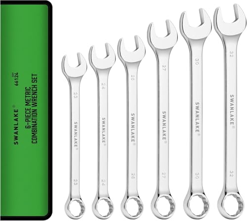SWANLAKE 6-Piece All-Purpose Jumbo Combination Spanner Set, Metric & Standard 23mm to 32mm, Heat Treated CR-V, 12-Point Box End Big Spanner Set, Master Long Mechanic Tool Set with Rolling Pouch